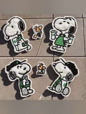 Peanuts Snoopy X Starbucks Adhesive Fluff Patches Set Applique New Woodstock